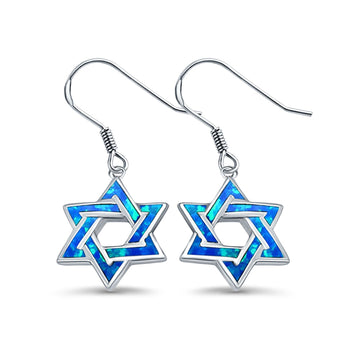 Star of David Drop Dangle Earrings Lab Created Blue Opal 925 Sterling Silver(21mm)